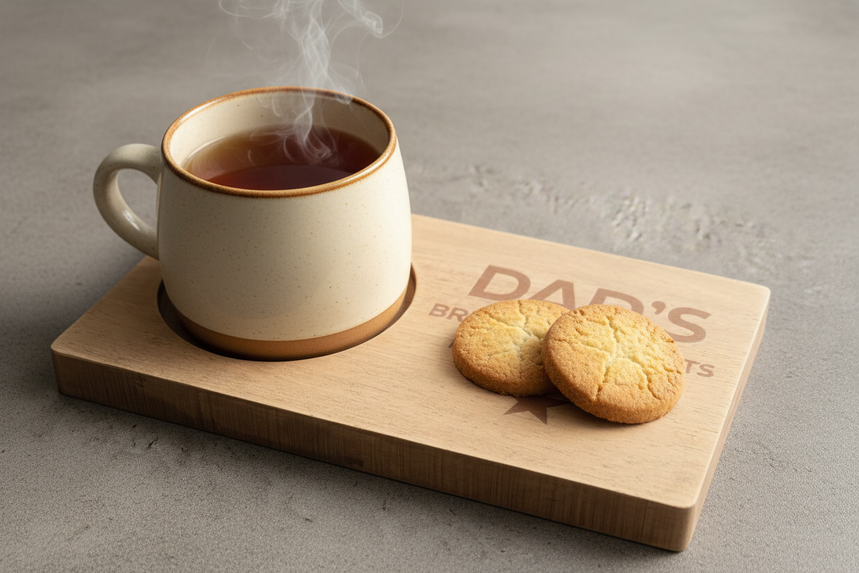 Steaming cup of tea on a wooden coaster with 'Dad's' branding, accompanied by cookies.
