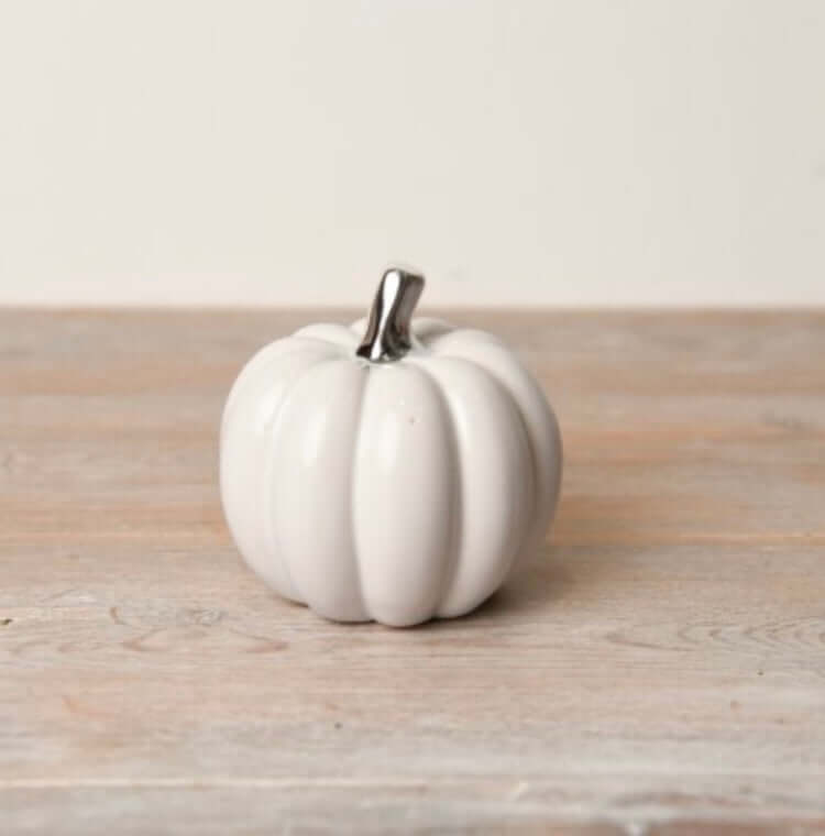 Image of small, white ceramic white pumpkin, with silver stalk on a light coloured table top. From Wickerhearts Autumn gift collection.