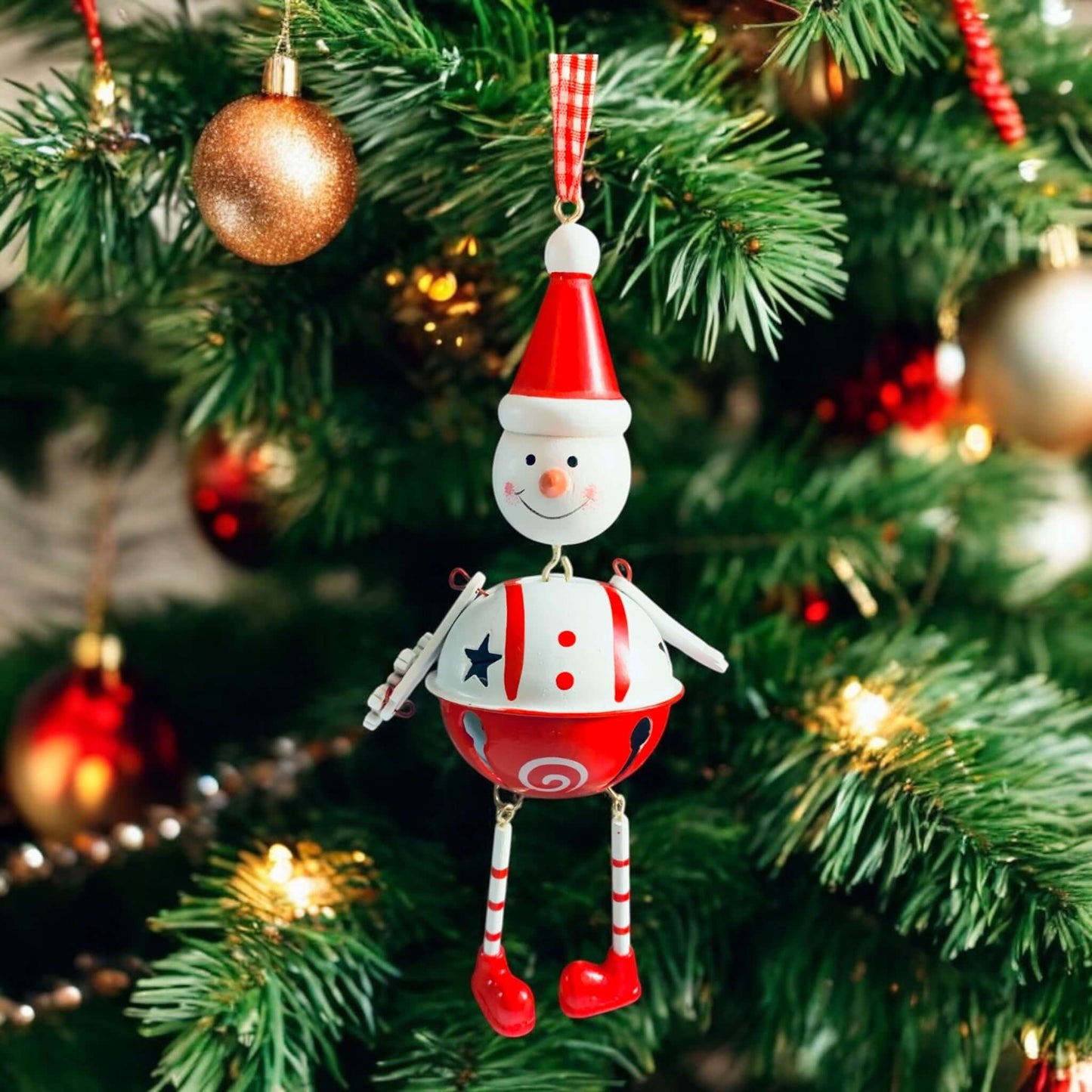 Hanging Snowman character bell, with moveable arms and legs. From Wickerhearts Christmas gift collection.