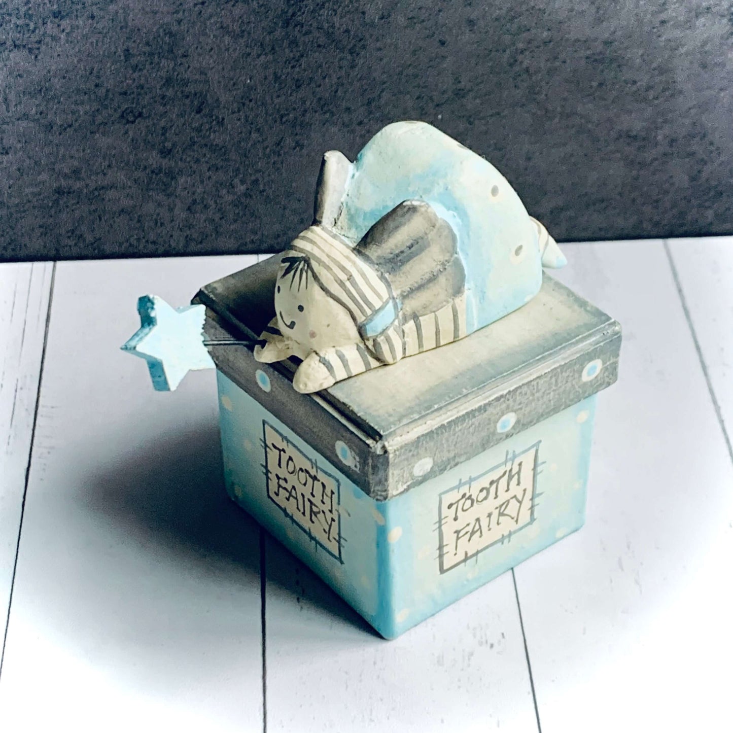 Image of blue tooth fairy box, with a fairy on the lid. From Wickerhearts East of India gift collection.