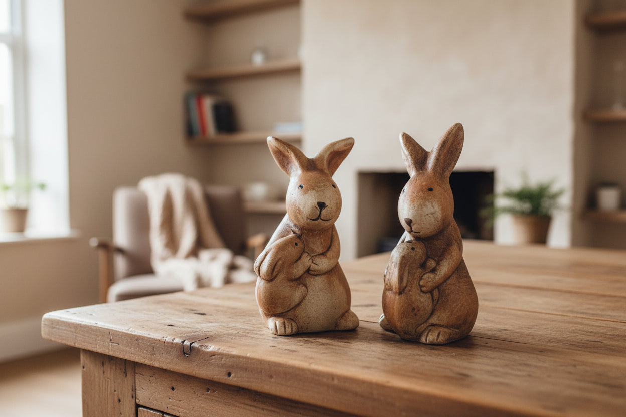 Two ceramic rabbit figurines on a white surface with a gray background