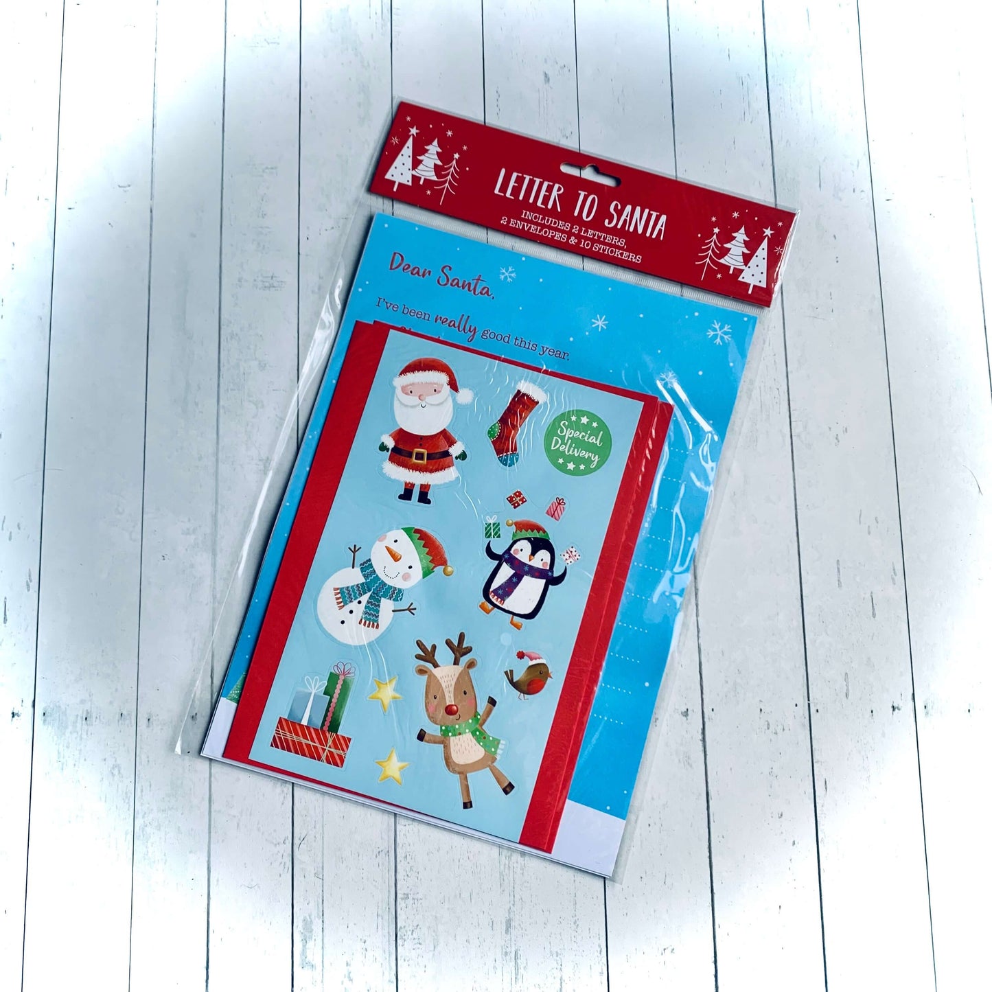 Image of front of Letter to Santa pack with a selection of stickers to decorate the letter. From Wickerhearts Christmas gift collection.