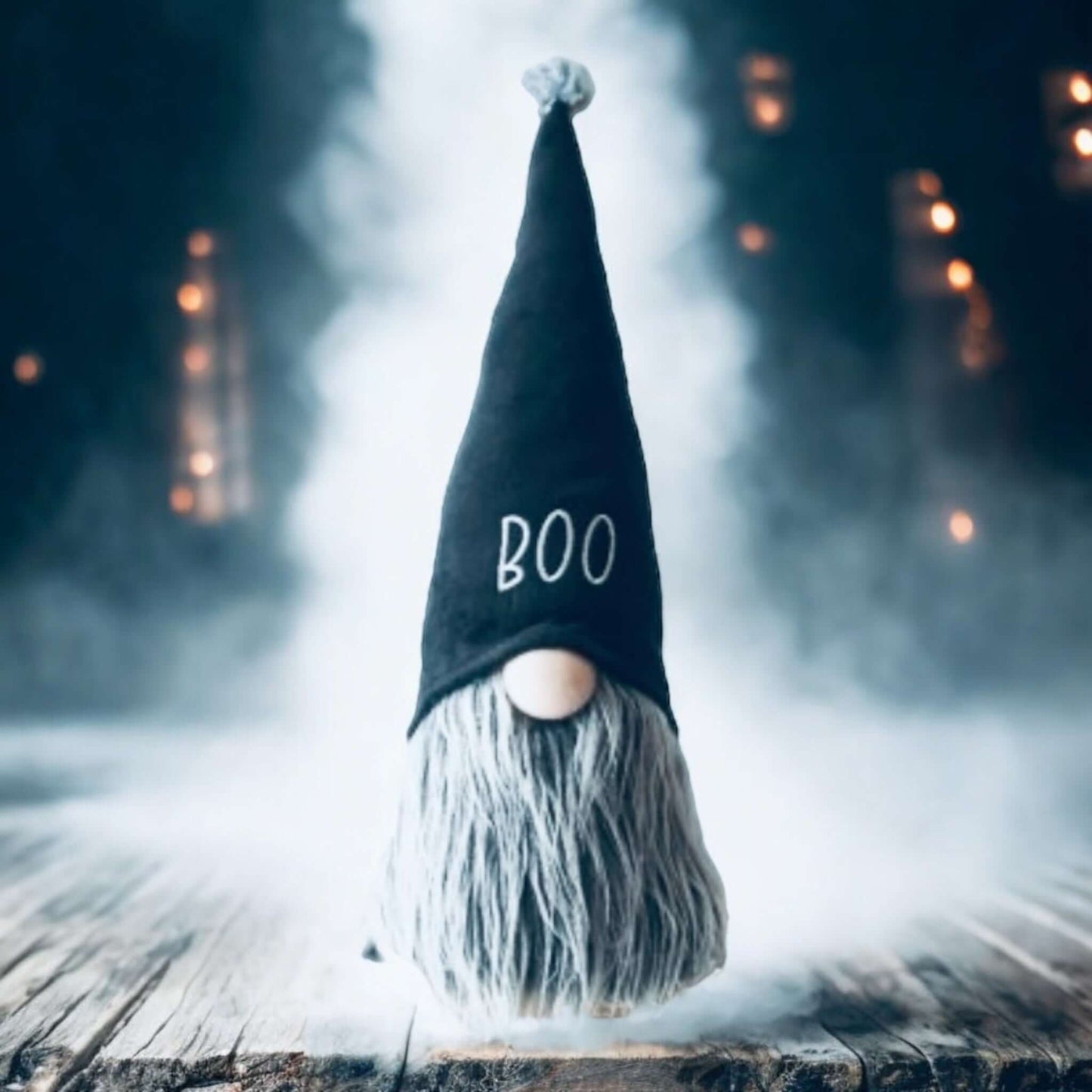 Image of gonk or tomte with black hat with the word 'Boo' on it and long grey beard. Form Wickerhearts Autumn gift collection.