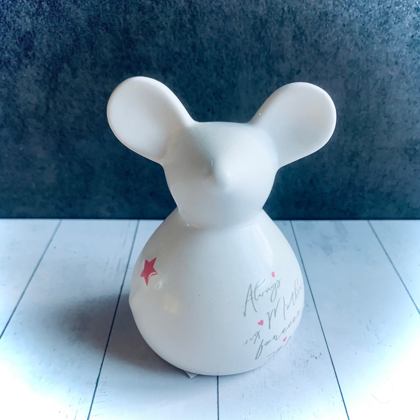 White ceramic mouse with pink stars and words 'Always my mother forever my friend'. from Wickerhearts Spring and for Mum gift collection.