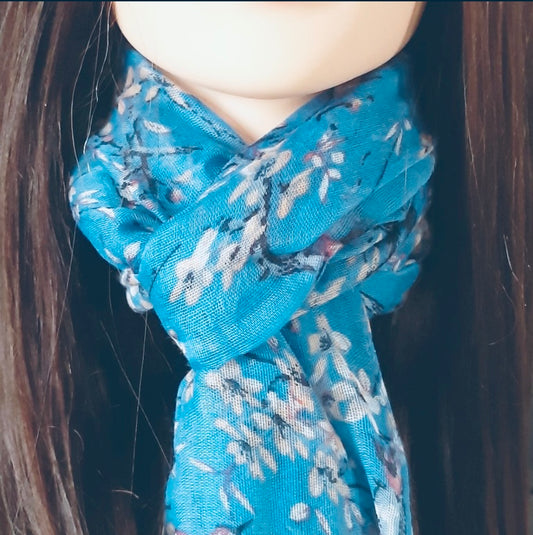 Blue patterned scarf with hints of pinks. From Wickerhearts gift collecton.