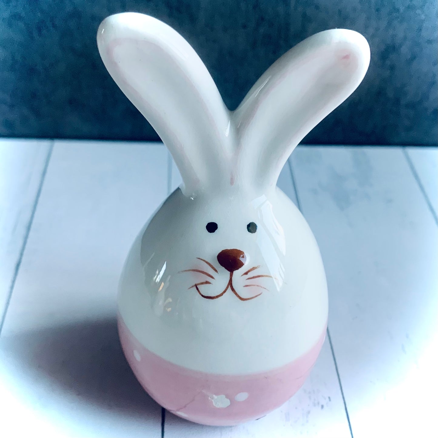 Pink and white ceramic bunny with plain white ears, from the Spring 2024 gift collection at Wickerhearts.