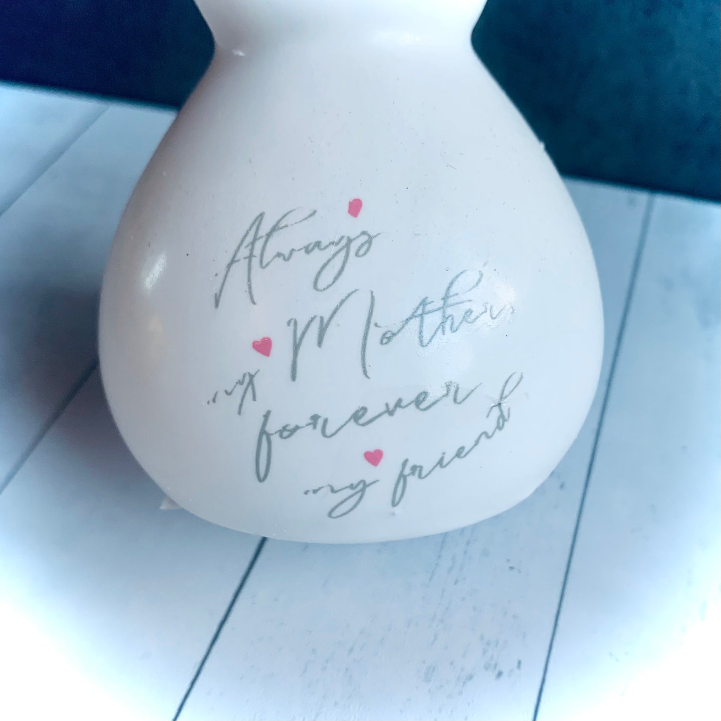 close up view of wording on ceramic white mouse 'Always my Mother forever my friend'. From Wickerhearts Spring and For Mum gift collection.