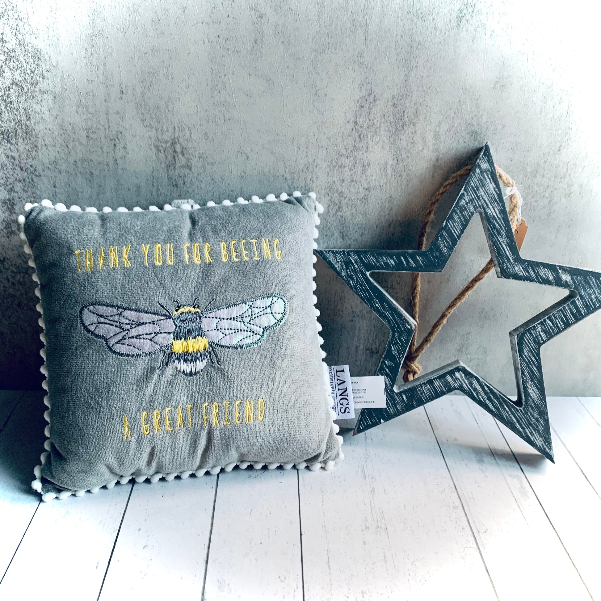 small velvety feel, grey cushion with bee embroidery, wording is 'Thank you for beeing a great friend'. alongside is a grey wooden star. Both items from Wickerhearts gift collection.