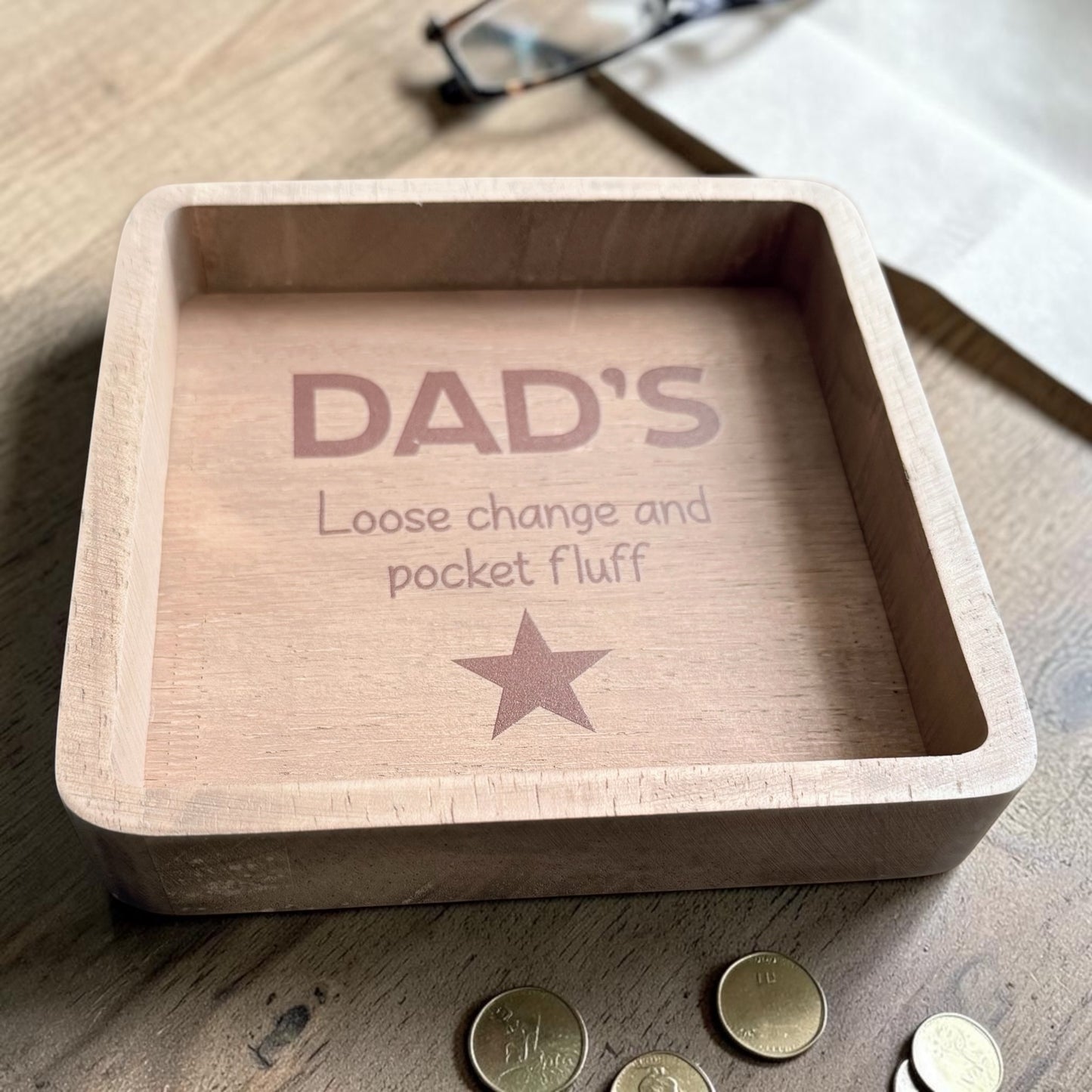 Dad's Loose Change and Pocket Fluff Wooden Tray